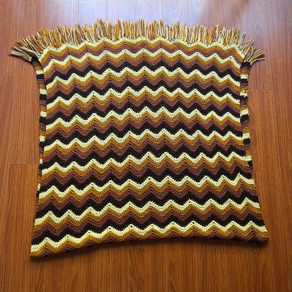 Vintage Afghan Blanket 70’s Throw granny-core Chevron Crochet Yellow Brown MCM